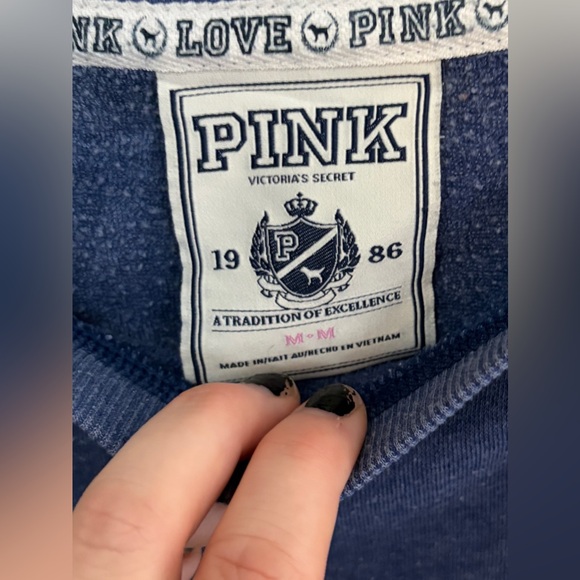 PINK Victoria's Secret Blue Sweatshirt with White and Silver Print - Picture 3 of 5